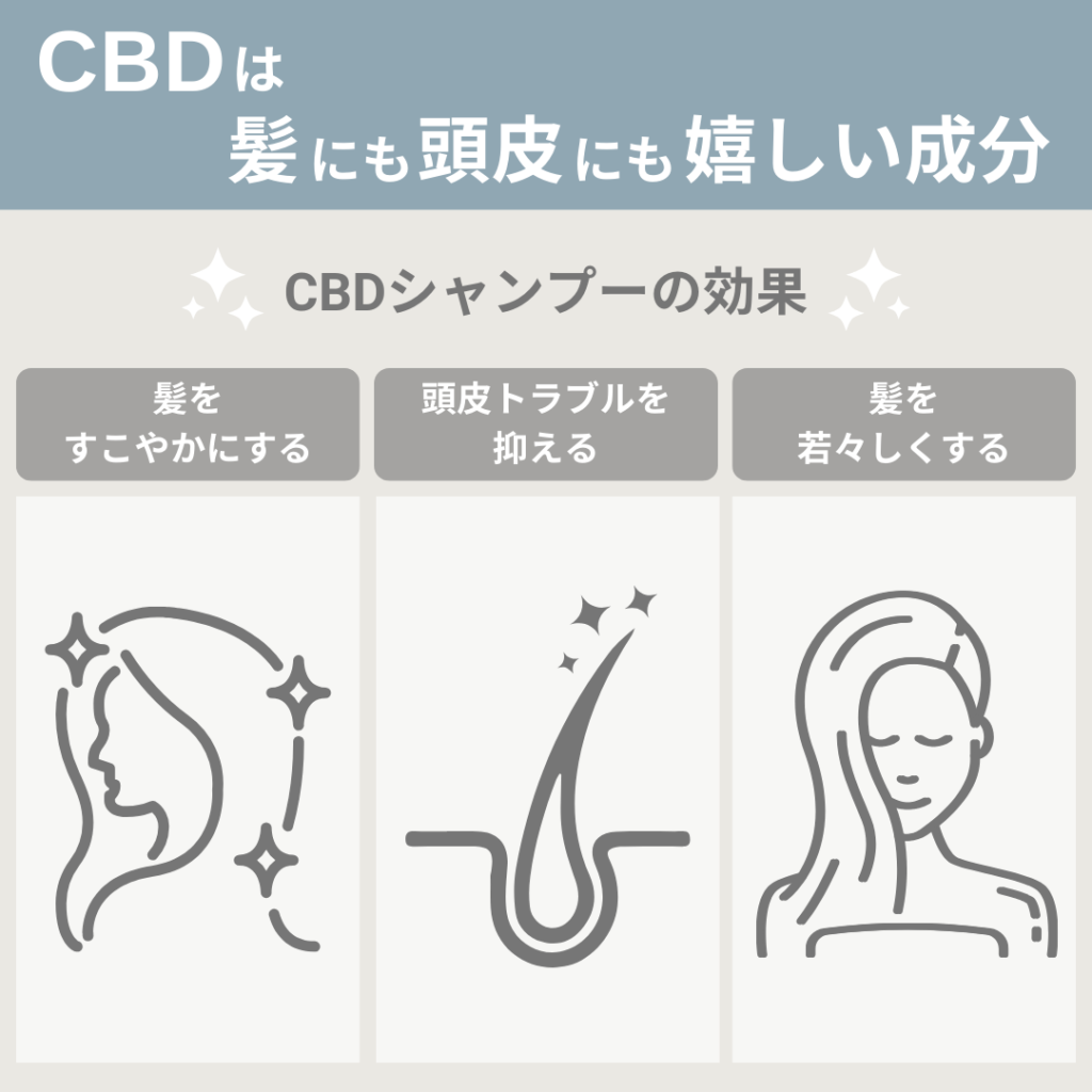 CBDは髪にも頭皮にも嬉しい成分です。
CBDシャンプーには、紙を健やかにする効果、頭皮トラブルを抑える効果、髪を若々しくする効果が期待できます。