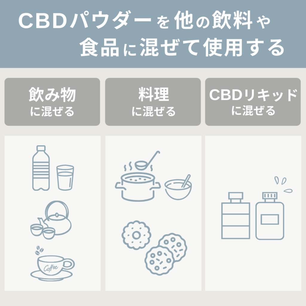 CBDパウダーは、『飲み物に混ぜる』『料理に混ぜる』『CBDリキッドに混ぜる』など、色んなものに混ぜて使用することができます。